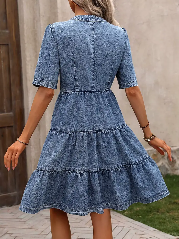 Robe en jean vintage délavée à volants pour femme style décontracté été col en V manches courtes volants trapèze ocassions spéciales