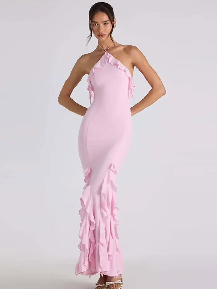 Décontracté gland Robes de soirée femmes Chic solide licou sans manches dos nu hanche paquet dame
