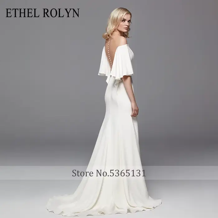 Élégant col bateau sirène robes De mariée Satin manches chauve-souris Illusion dos nu ETHEL ROLYN robe