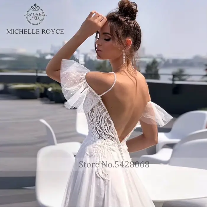 Michelle Royce a-ling robes De mariée Sexy chérie perles volants dos nu chapelle Train