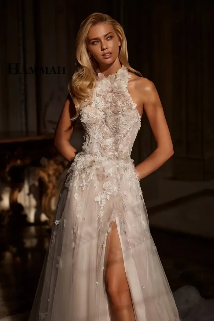 Robe de Mariée HAMMAH Glamour Dos Nu Style Trompette Appliques Dentelle Sans Manches Fente Train Personnalisable Occasions Spéciales