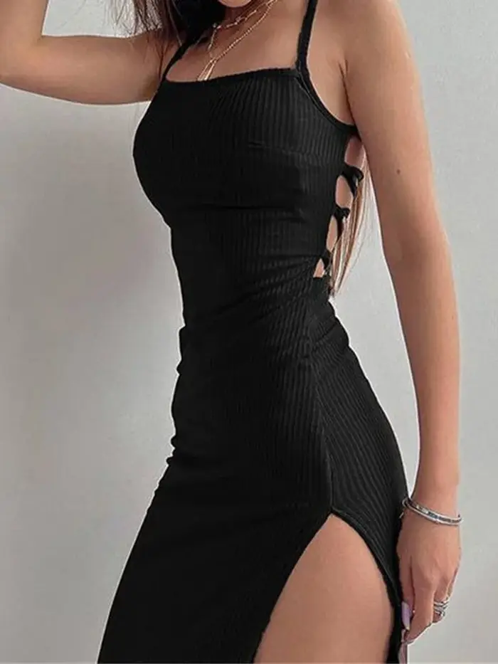 Robe longue noire moulante sans manches col licou bretelles spaghetti fente haute pour femmes occasions spéciales été