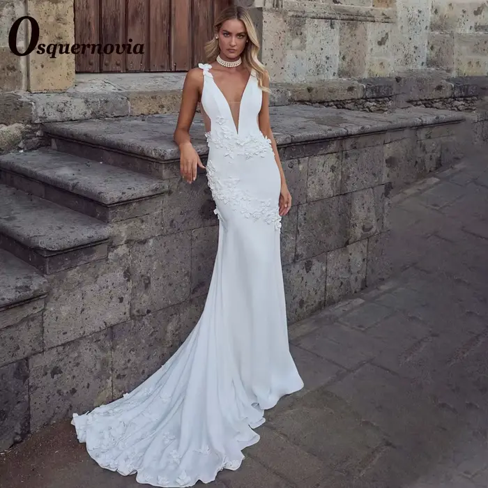 Osquernovia charmante bretelles Spaghetti robes De mariée fleurs 3D trompette dos nu Court Train