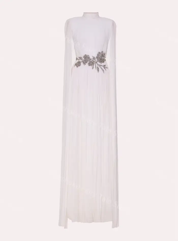Robe de soirée trapèze blanche arabe vintage col haut avec châles longs en polyester pour femmes occasions spéciales mariage soirée officielle