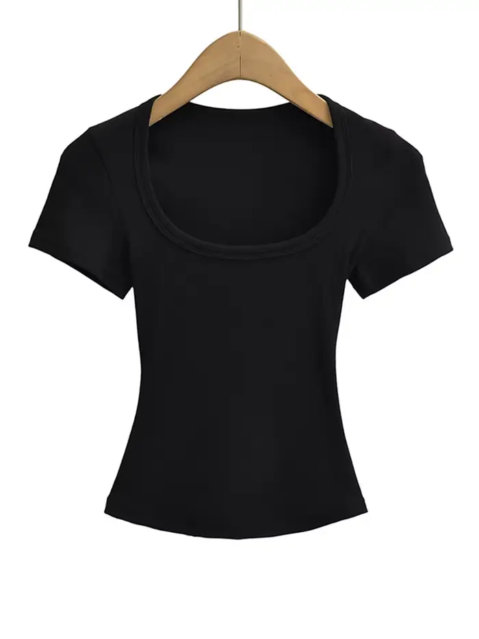 Col carré haute Stretch été culture hauts femmes à manches courtes hauts Sexy pull sommets Blouses m