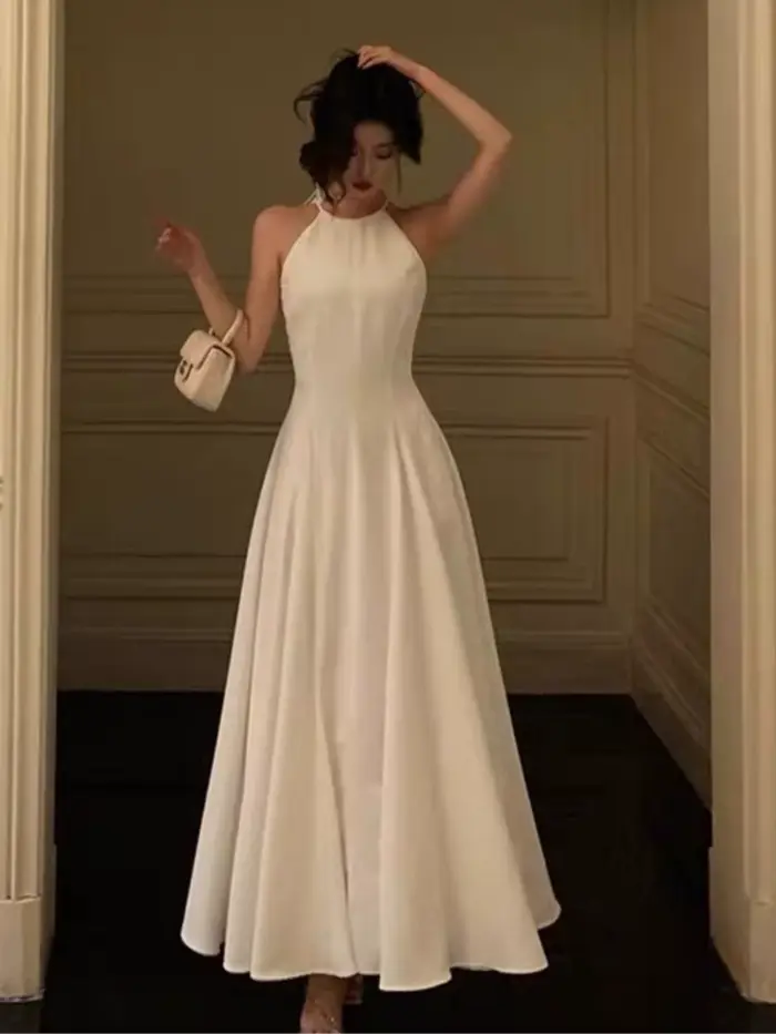 Robe longue soirée vintage femme col licou uni ligne a princesse mariage bal nouvelle collection printemps