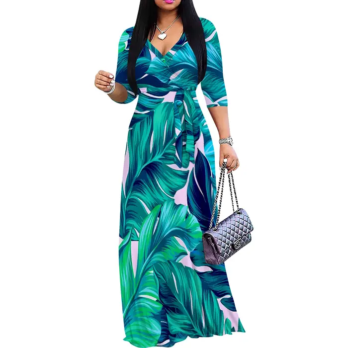Robe portefeuille de vacances à col en V – Robe mi-longue florale à nouer réglable à la taille, vête