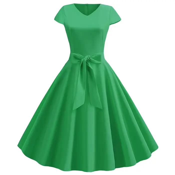 Robe d'été Vintage pour femmes, avec ceinture, manches courtes, col en V, élégante, rétro, robes de