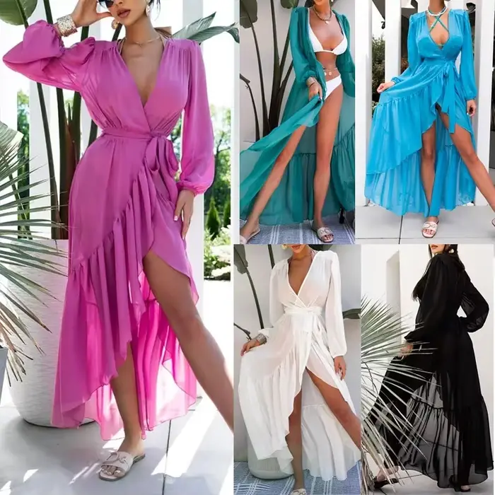 Robe longue en mousseline style européen et américain protection solaire occassions spéciales femmes ```