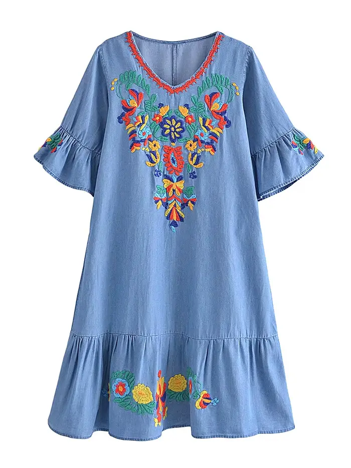 Mini robe en denim à manches courtes et col en V pour femmes, broderie florale, vintage, chic, bohèm
