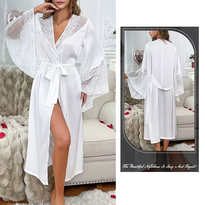 Femmes Robe blanc Satin Robe de chambre dentelle épissage Pijama à manches longues luxe peignoir vêt