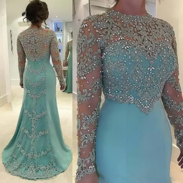 Robe de mariée sirène verte menthe pour mère de la mariée, appliques perlées, manches longues kly, r