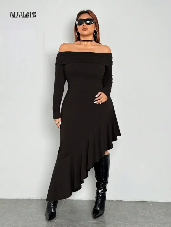 2025 Sexy noir hors de l'épaule grande taille robe longue femmes été à volants Midi