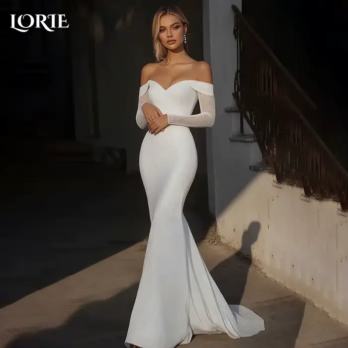 LORIE dentelle plage robes de mariée épaules dénudées a-ligne à manches longues robe