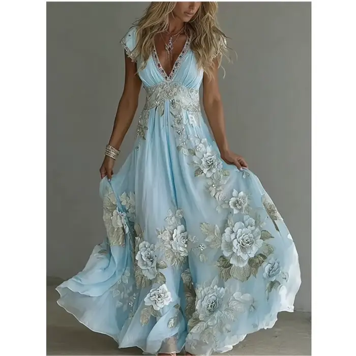 Robe longue d'été pour femme à motif 3D, robe maxi florale à manches courtes, col en V, coupe trapèz