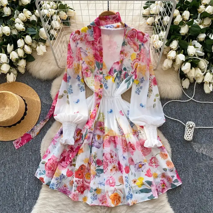 Robe de Soirée Élégante et Vintage avec Ruban Imprimé pour Femme, Tenue Courte à Volants, Vêtement d