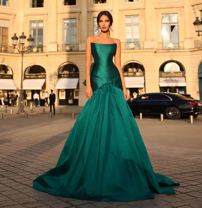 Sharon Said robe de soirée sirène vert émeraude avec nœud rouge rose pour les femmes