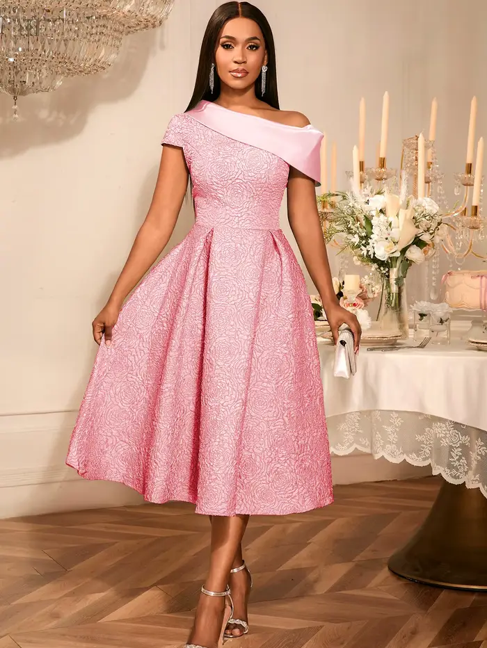 Robe élégante en Jacquard pour femmes, asymétrique épaule dénudée, col diagonale, manches courtes, ligne A, anniversaire, mariage, invité, bureau, dame chic