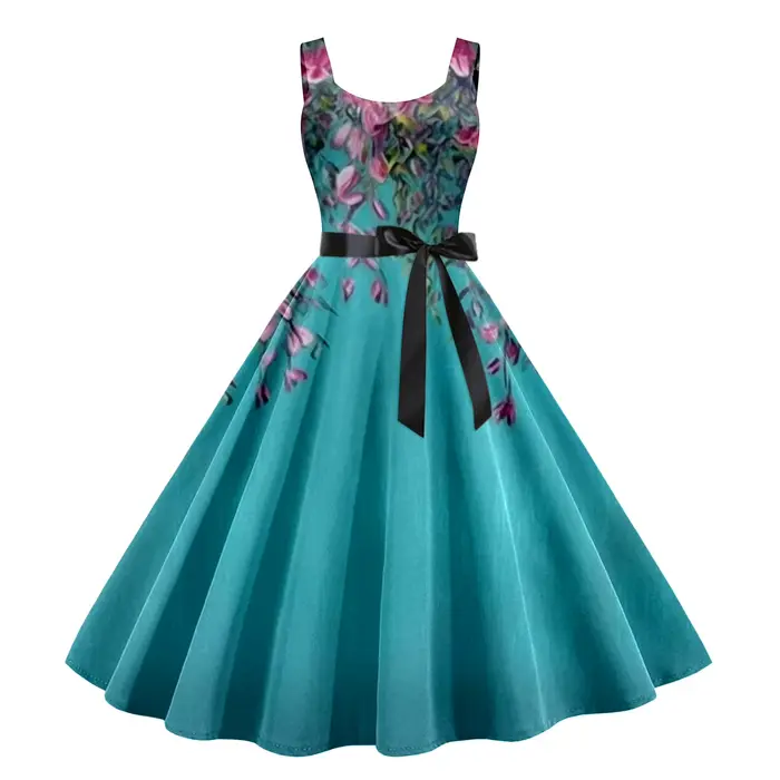 Robe d'été à imprimé floral vintage pour femmes, robe trapèze Rockabilly, robe de soirée, fibro50 S 