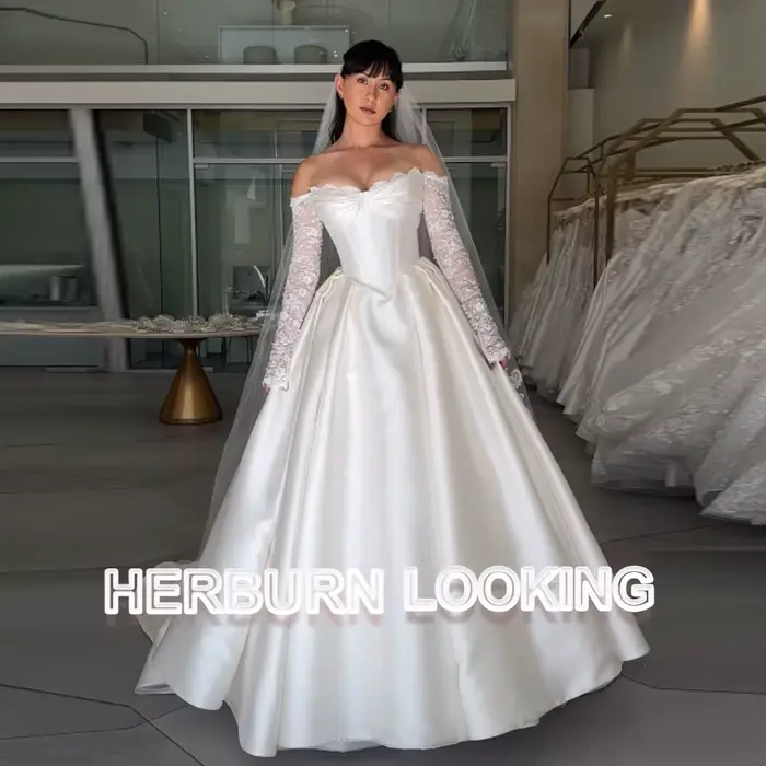 HERBURN-Robe de Mariée en Satin à la Mode, Manches Trois Quarts Plissées, Appliques en Dentelle, Per