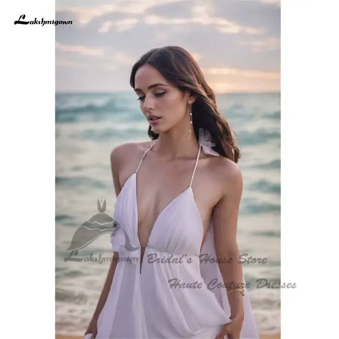 Robe de mariée en mousseline de soie blanche ou ivoire, style simple, décolleté en V, train de balayage, sangles de spaghetti, sans dossier, pour cérémonie de mariage ou plage