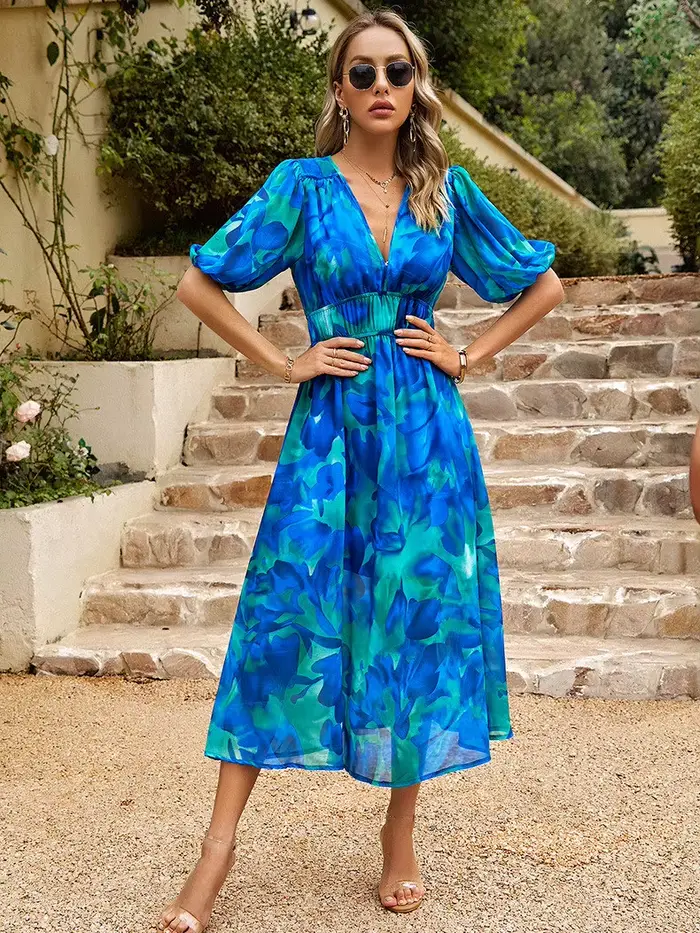 Robe Longue en Mousseline de Soie pour Femme, Vêtement de Loisirs, Imprimé, Taille Serrée, Col en V, Manches Lanternes, Printemps et Été