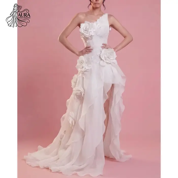 Robe de soirée Aura en mousseline blanche fendue, luxueuse et élégante, pour mariage, personnalisée,