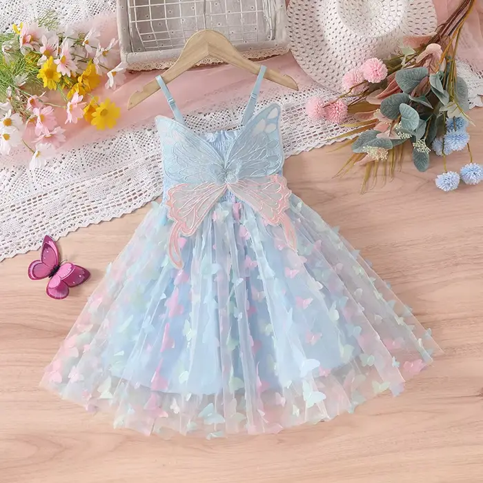 Mode filles mignon papillon ruban robe 2025 été nouveaux enfants ailes maille