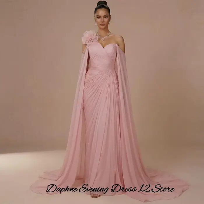 Robe de soirée classique en mousseline à une épaule avec traîne Watteau fleurs 3D pour femmes occasions spéciales soirée mariage gala晚会礼服经典雪纺单肩拖尾设计花卉三维立体剪裁女士特殊场合婚礼派对