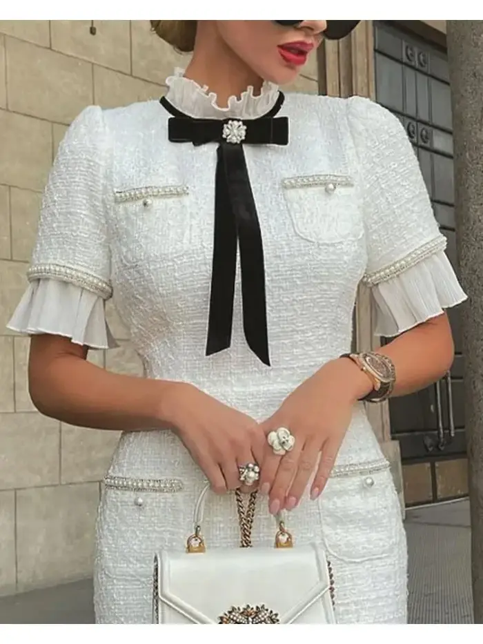 Robes élégantes femmes mode 2025 nouveau mince manches courtes nœud à volants ourlet perlé brise parfumée robe blanche dame vêtements de bureau