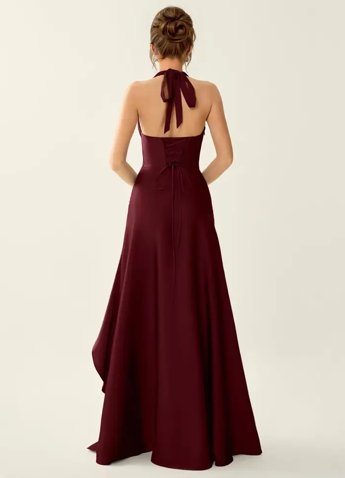 Robe de soirée sirène élégante Snvdzo, col halter en V profond, en satin froncé, avec fente haute, pour invitée de mariage, soirée de gala, danse formelle 2026