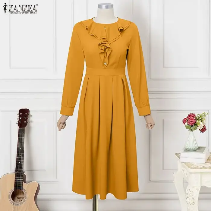 ZANZEA Robes Midi Femme Été Printemps Décontractées Manches Longues Unies Col Rond Ample