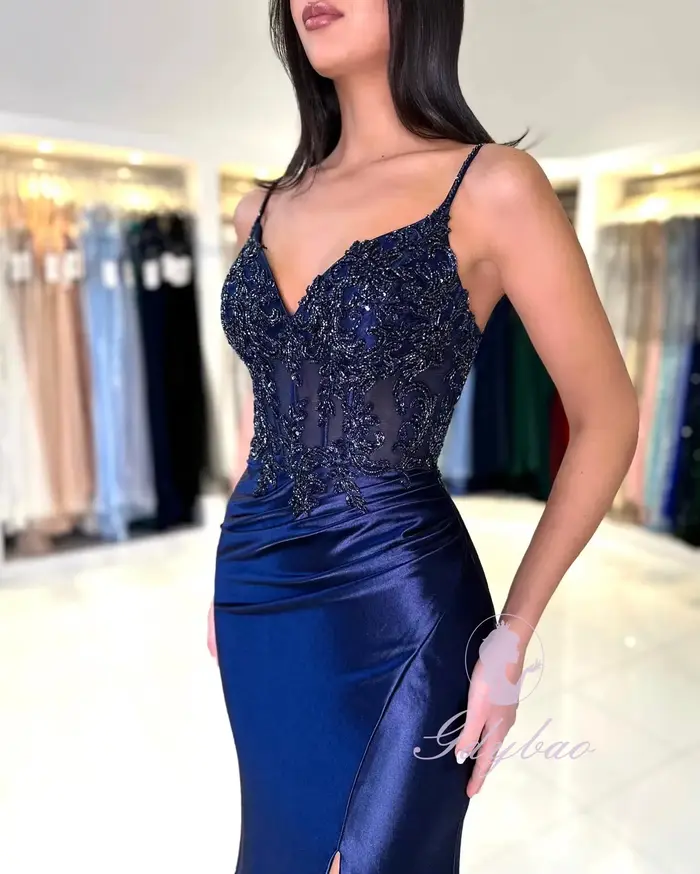 Robe de soirée en dentelle bleu marine pour femme