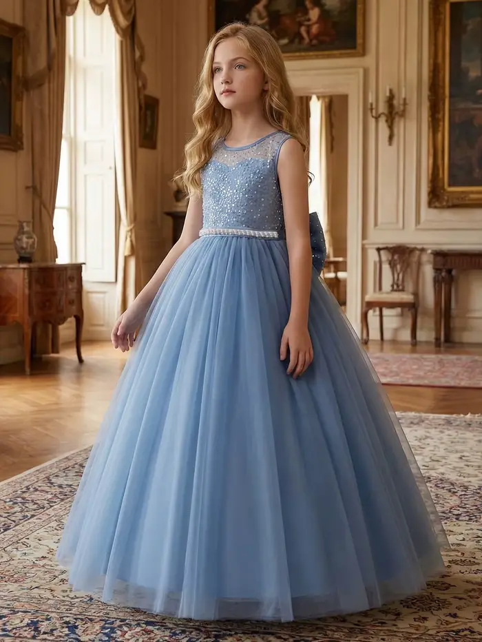 Robe de soirée longue gris-bleu pour filles avec grand nœud et col en V – Une magnifique robe de soirée pour anniversaire, bal, banquet