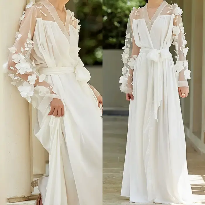 Robe de mariée florale maxi peignoir de fiançailles personnalisable avec soutien-gorge intégré et illusion de dos pour femmes enceintes et occasions spéciales