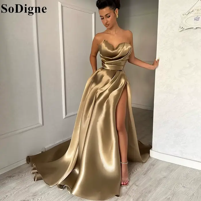 Robe de soirée trapèze drapée, Sexy, Champagne, fente haute, sans bretelles, plissée, robes de bal p