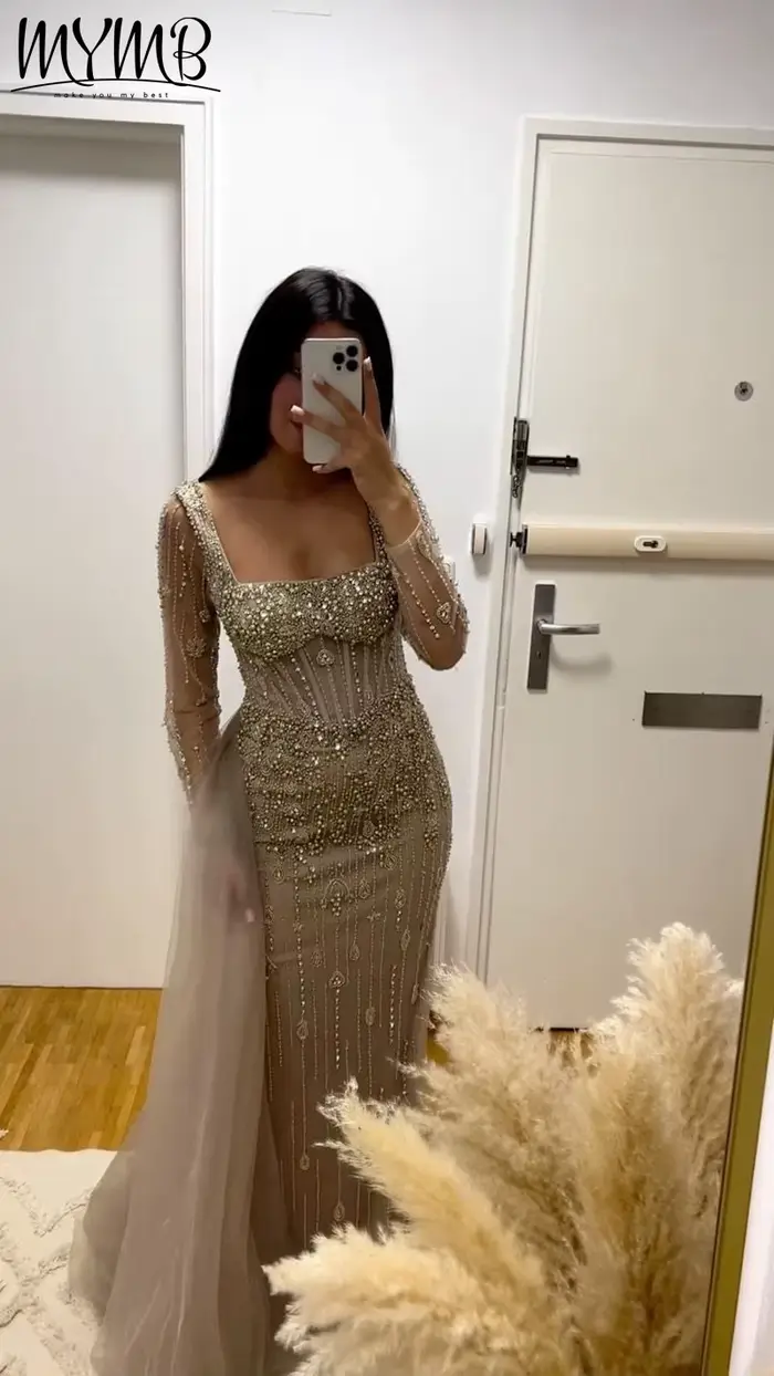Robe MYMB sirène en polyester avec décoration en perles pour femmes, robes de soirée, mariage, gala, occasions spéciales