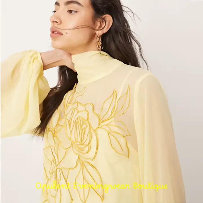 Robe de soirée en mousseline de soie jaune exquise