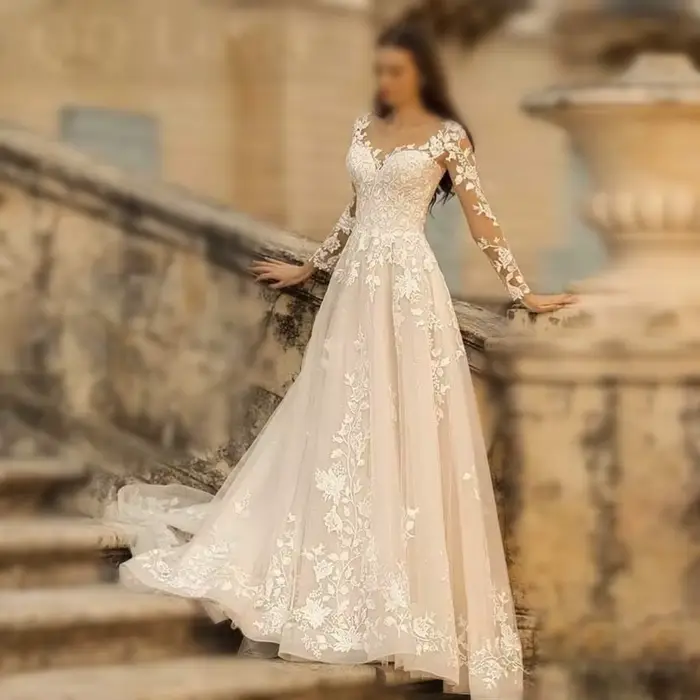 Robes de mariée à col rond personnalisées, appliques A-Line, manches longues, robe de mariée à lacet