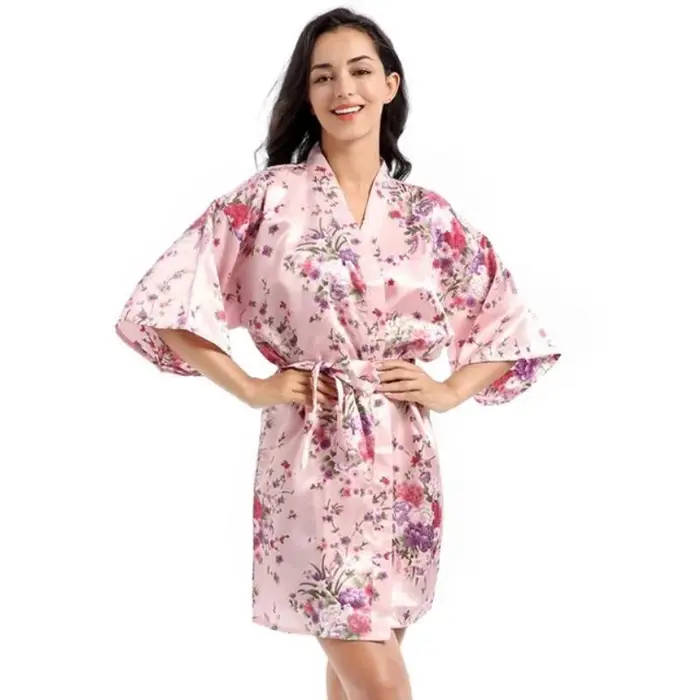 Jonquille-Robe Kimono à Fleurs en Satin Soyeux pour Femme