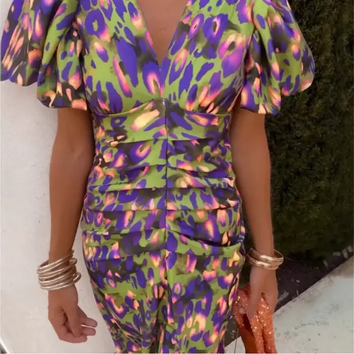 Robes élégantes pour femmes, imprimé estival, col en V, robe moulante à manches courtes, Vestidos De