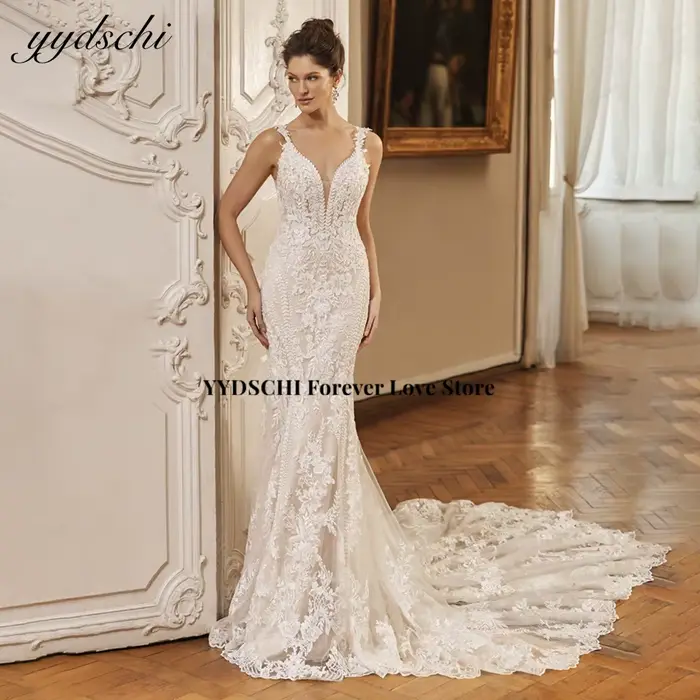 Robe de mariée sirène en dentelle scintillante avec décolleté en V profond 2026, dos nu illusion sex