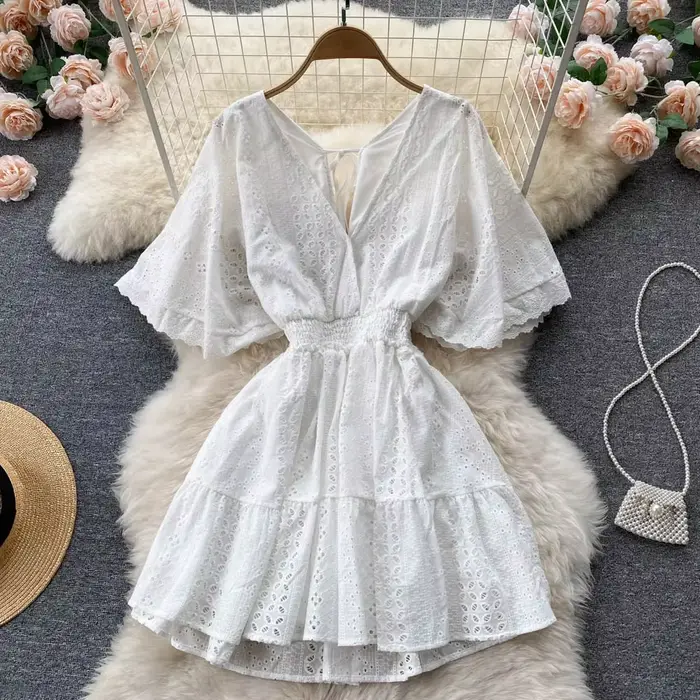Frenchic-Robe d'été à col en V pour femme, ligne A, amissié, à lacets, mi-mollet, manches Everak, robe éducative, livraison directe