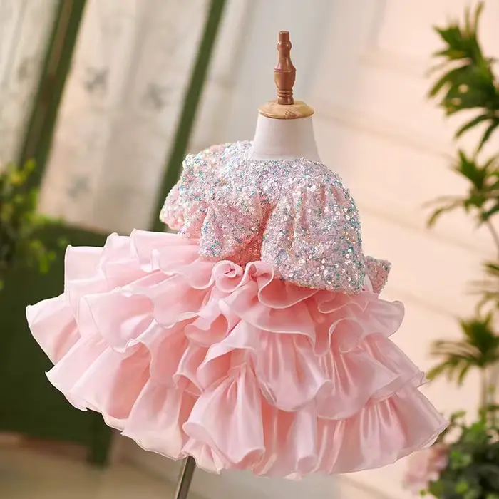Jill Wish J453 robe à fleurs rose brillant pour filles, avec nœud en dentelle, manches bouffantes, princesse, pour enfants en bas âge, mariage, 1er anniversaire, robe de fête de concours