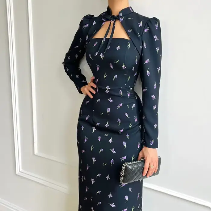 Robe à manches longues vintage polyester pour femmes, automne, bureau et soirées, élégante et confortable