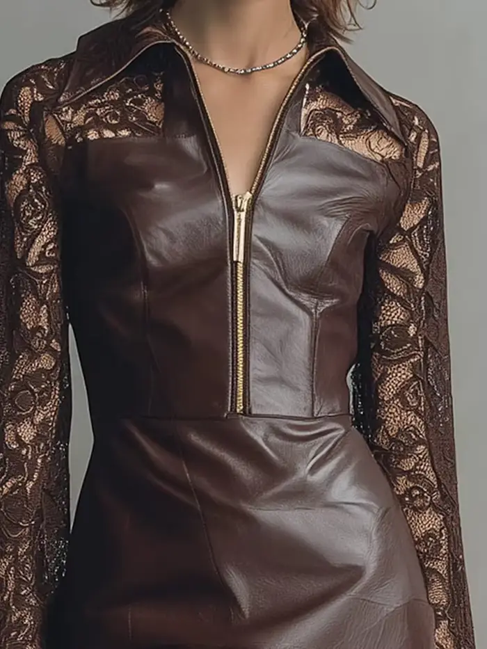 Robe en cuir PU élégante col de chemise dentelle manches longues vintage mini robe pour femmes occasions spéciales