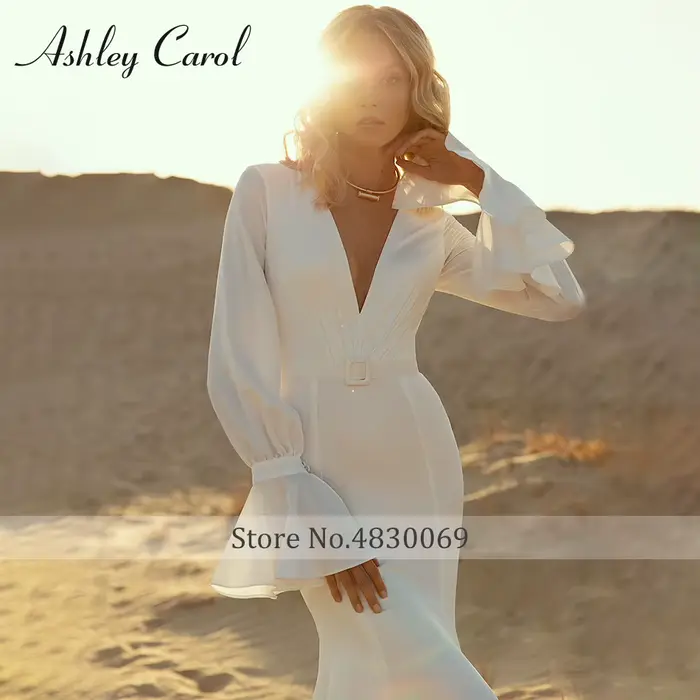 Robe de mariée sirène Ashley Carol en mousseline de soie avec train de balayage pour femmes, couleurs personnalisables, futurs mamans incluses, pour mariages et soirées élégantes