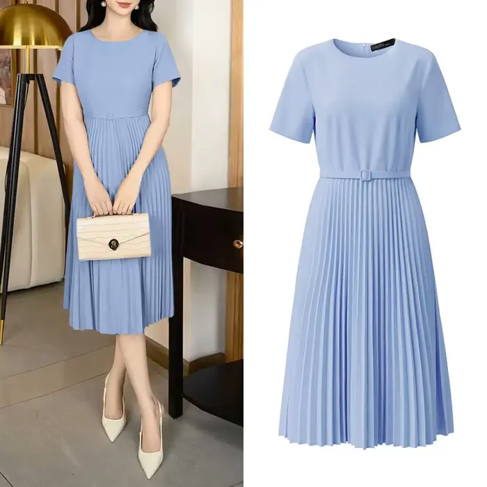 ZANZEA Robe midi plissée élégante et chic pour femme, robe d'été stylée à col rond et manches courte
