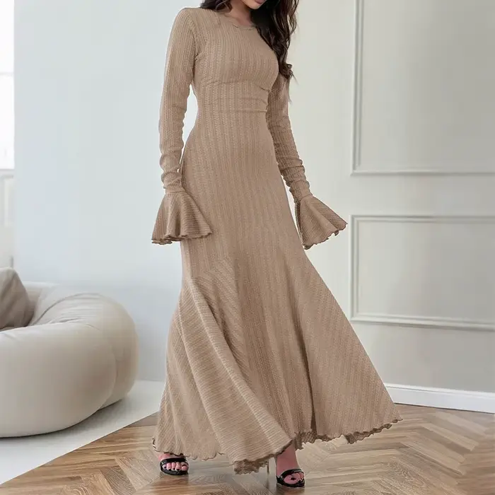 Robe longue pull coupe cintrée polyester kaki pour femmes occasions spéciales automne hiver