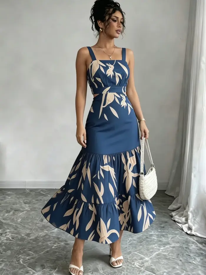 Robe midi bohème à imprimé feuilles bleues, col carré, ourlet à volants, robe fluide, pour les vacances à la plage, les fêtes, les tenues décontractées d'été, les tenues quotidiennes